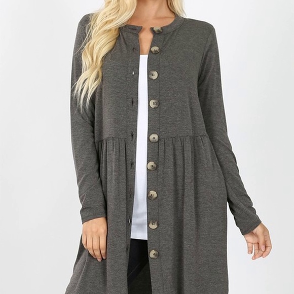 Annie K Boutique Sweaters - SHIRRED WAIST BIG BUTTON CARDIGAN